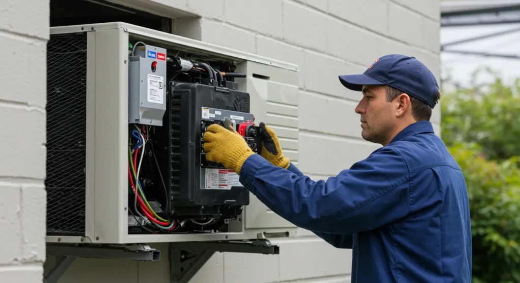 A technician in a blue uniform and gloves works on the electrical box of an outdoor AC unit.