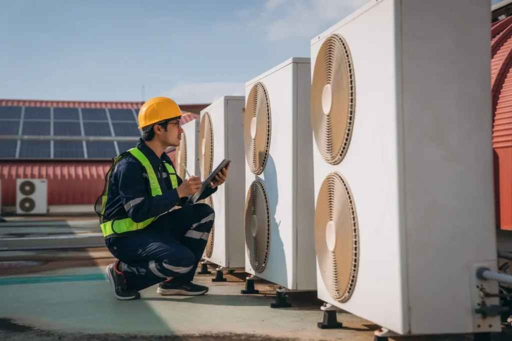 A technician wearing a yellow hard hat, a navy blue uniform, and a neon yellow safety vest is crouching on a rooftop next to a row of white commercial HVAC condenser units. He is holding a digital tablet and appears to be performing an inspection. Solar panels are visible in the background.