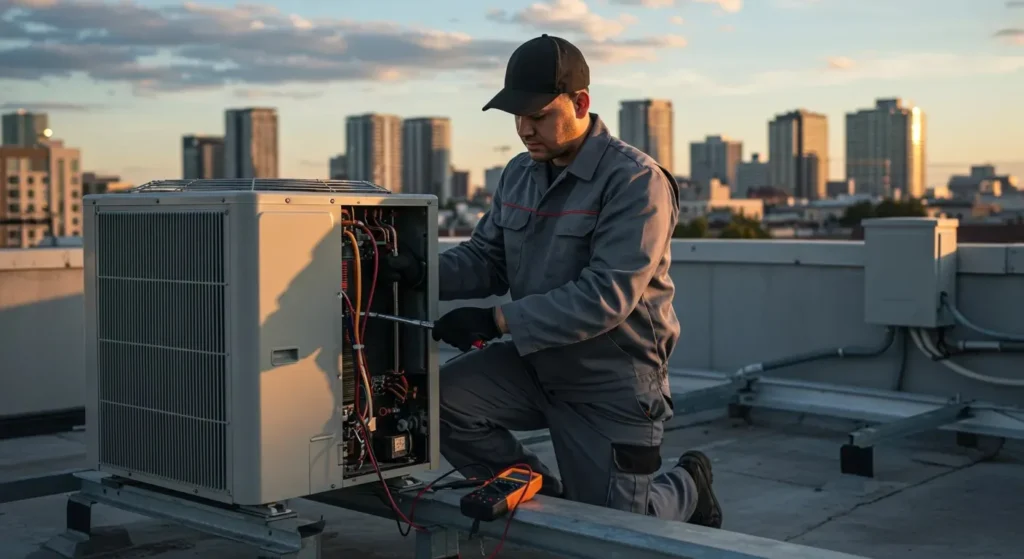 A technician uses a wrench to tighten a component on a rooftop AC unit, with a panoramic city view at dusk.
