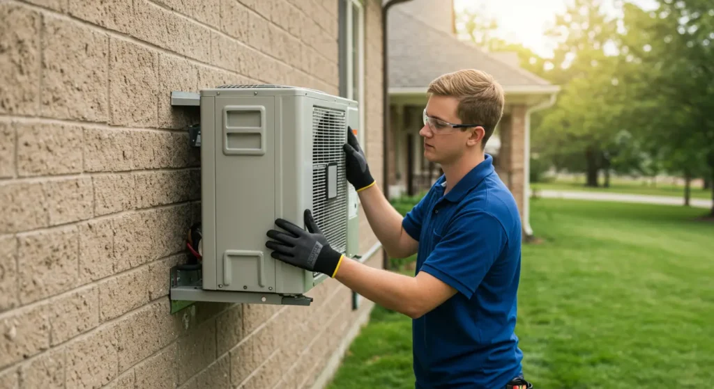 A young male technician with blond hair wearing a blue polo shirt, safety glasses, and black work gloves is installing or servicing a beige outdoor mini-split air conditioner condenser unit mounted on the brick wall of a house.