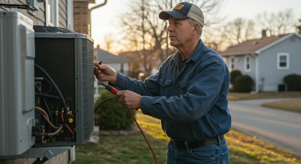 A male technician in a blue work shirt, jeans, and a baseball cap is servicing an outdoor air conditioning or heat pump unit mounted on the side of a house. He is holding a tool with a red cable, possibly a service gauge or electrical meter.