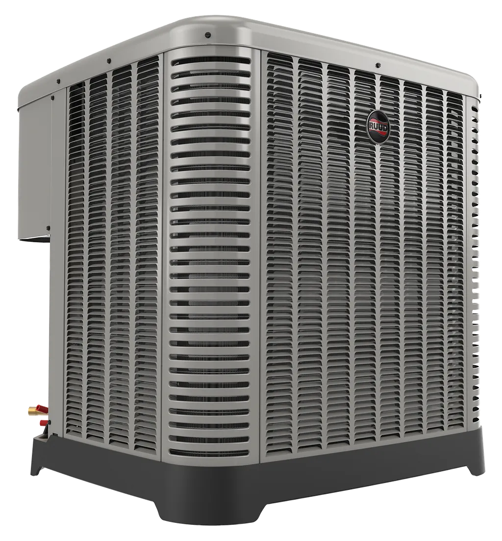 ree-quarter view of a new gray square Rudd air conditioning unit or heat pump condenser.