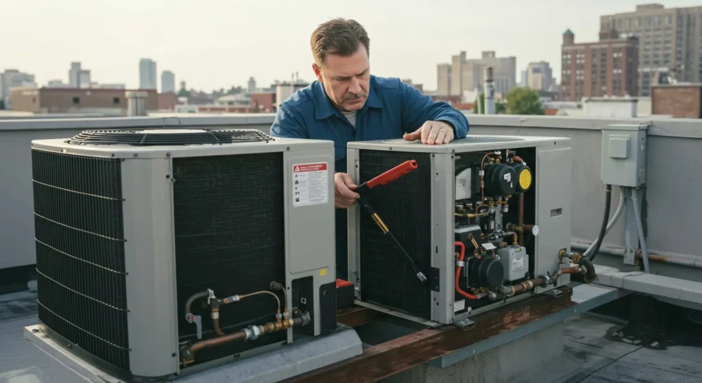 Technician maintaining rooftop AC unit in city.