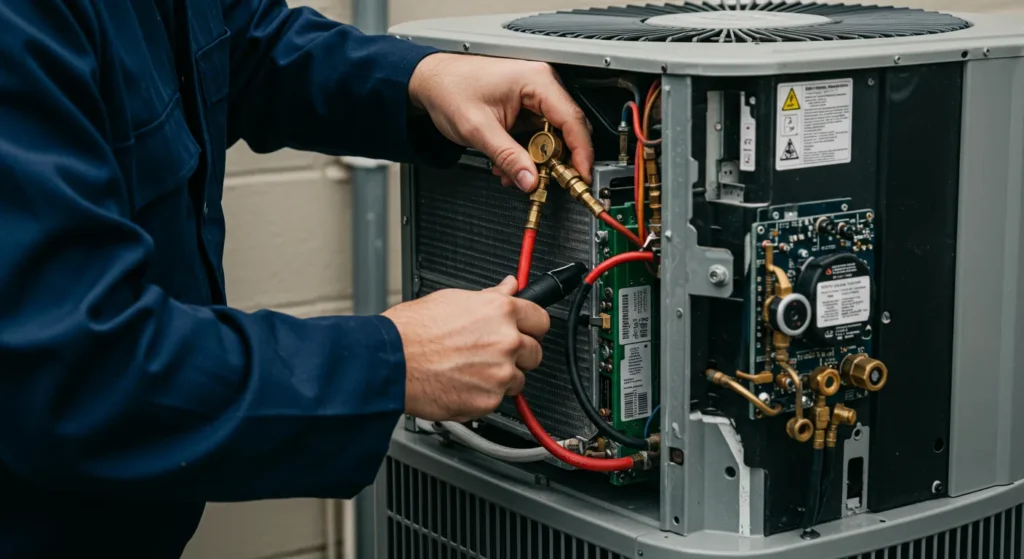A close-up view shows an HVAC technician in a dark blue uniform connecting a service hose (with a red line) to a brass service valve on an outdoor air conditioning condenser unit. The unit's interior reveals the condenser coil, wiring, and a circuit board.