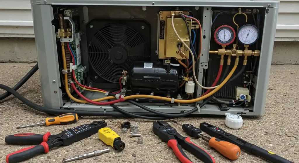 the internal components of an outdoor mini-split AC or heat pump condenser unit with the front cover removed. Visible components include the compressor (black cylinder), the fan, a service manifold gauge set (red and blue gauges) connected to the brass service ports, and various copper piping and electrical components. Several tools, including wire strippers, crimpers, screwdrivers, and a voltage tester, are laid out on the concrete in the foreground.