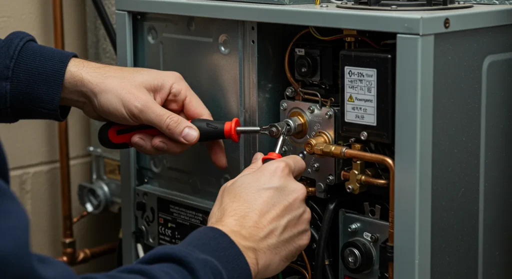 A close-up of a technician's hands using two screwdrivers to adjust a component on a brass valve assembly in a furnace.