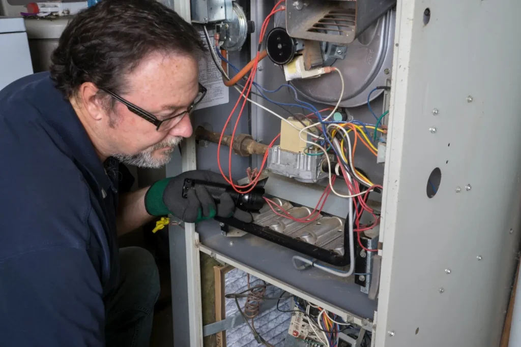 A technician wearing glasses and a glove inspects the exposed components of an older gas furnace with a flashlight.