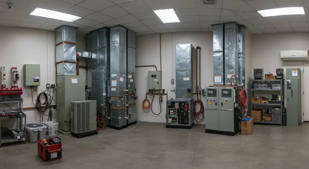 An interior view of an HVAC training or testing facility, featuring multiple types of equipment including tall, exposed galvanized metal ductwork, various furnaces or air handling units, an outdoor condenser unit, and several control panels and water heaters. Tools and testing equipment are visible on shelving units and the floor.