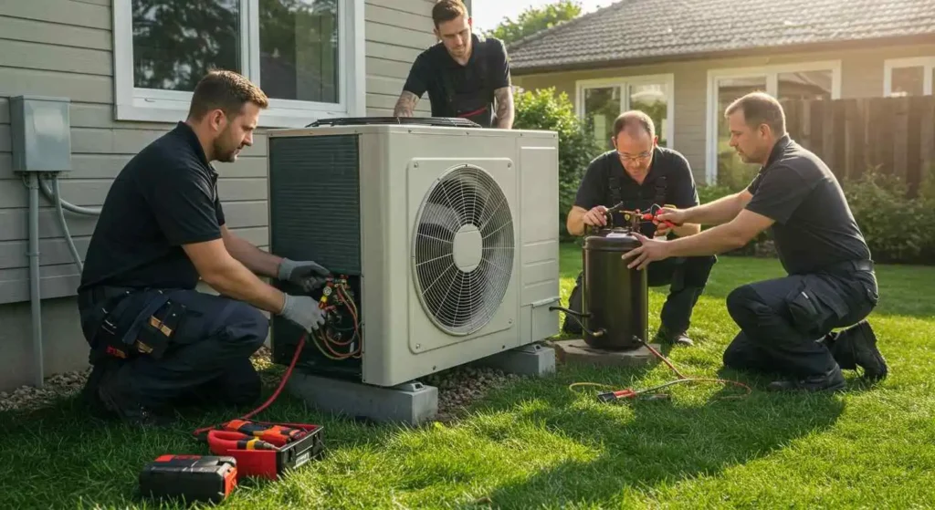 Four male HVAC technicians, all wearing dark uniforms, are collaboratively installing or servicing a large outdoor heat pump or air conditioning unit situated on a grassy lawn next to a house. Two technicians are working on the internal wiring and connections, while two others are handling a black, cylindrical refrigerant tank.