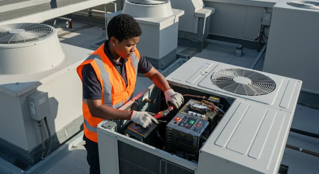 HVAC technician inspecting rooftop commercial unit.