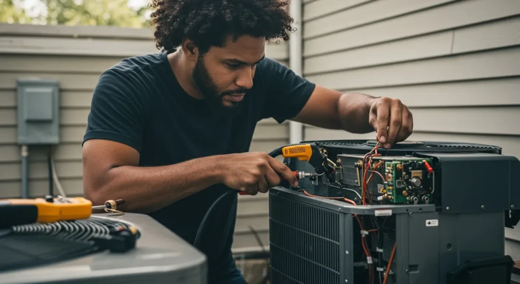 Electrician working on outdoor AC wiring.