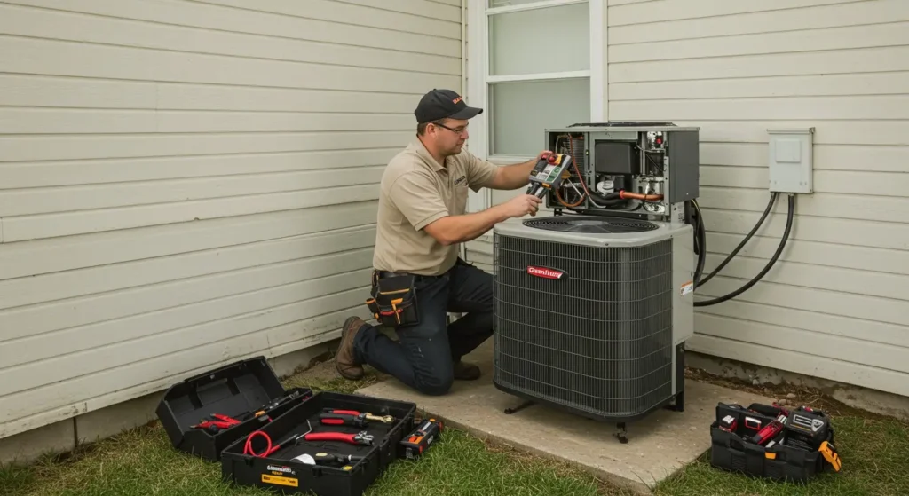Technician diagnosing outdoor air conditioning unit.