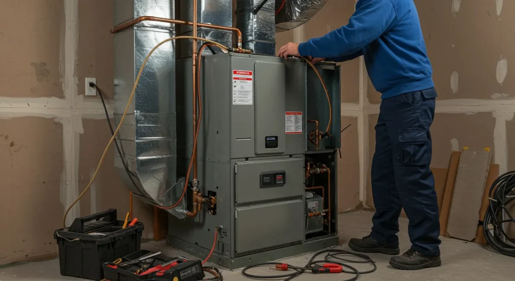 Technician inspecting an indoor furnace unit.