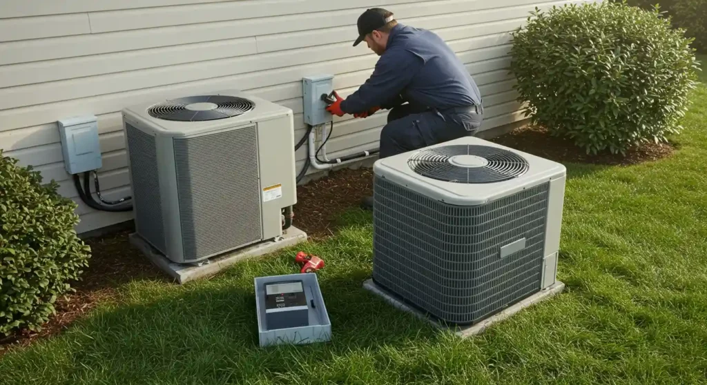 Technician working on outdoor HVAC units.