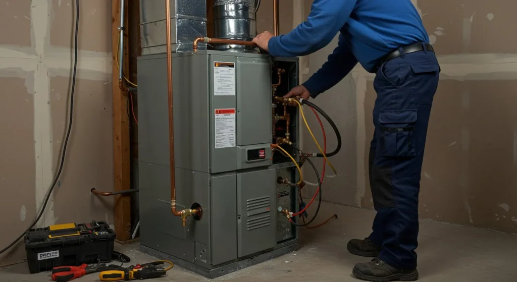 Technician connecting gauges to indoor furnace.