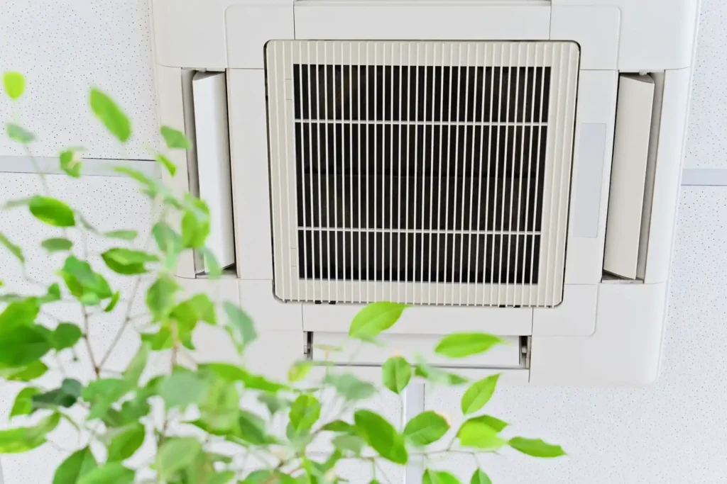 A close-up view of a ceiling-mounted air conditioning unit with a green plant in the foreground.