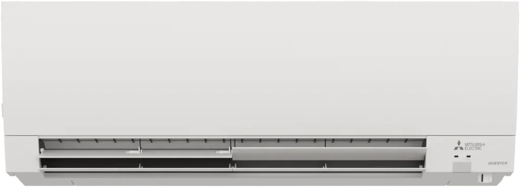 A clean, white Mitsubishi Electric INVERTER wall-mounted air conditioning or heat pump indoor unit, featuring a minimalistic design and a bottom vent with an open louver.