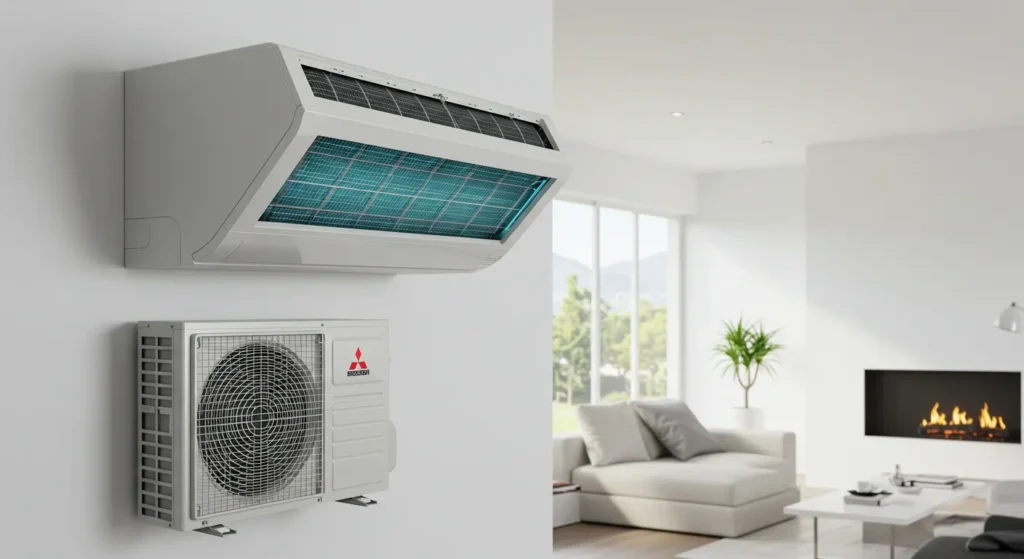 A Mitsubishi Electric mini-split heat pump system featuring a large, white ceiling-mounted cassette indoor unit with a glowing blue-green filter visible, and a smaller white outdoor condenser unit mounted lower on the wall. The units are shown in a modern, well-lit living room setting.