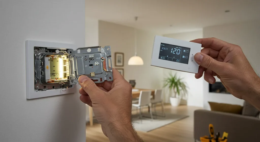 Hands are shown installing a modern, white digital thermostat with a touchscreen interface, displaying "12.0". The technician is holding the thermostat faceplate next to the wall-mounted base unit, which has exposed wiring and a glowing internal light. The background is a bright, modern living space.