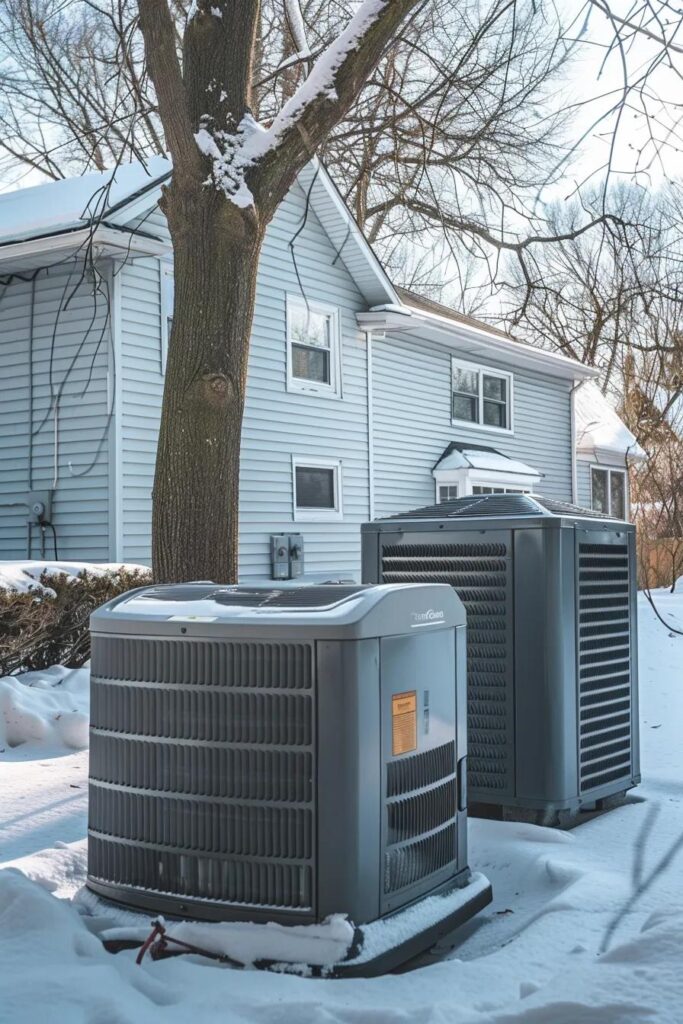 Heat pump and furnace side-by-side in a Michigan home in winter