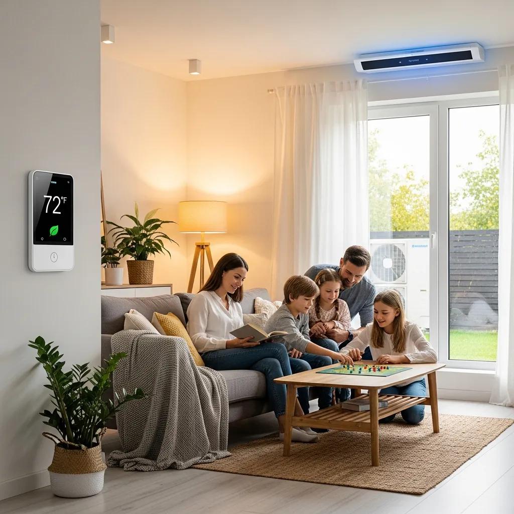 Living room with a smart thermostat highlighting energy savings