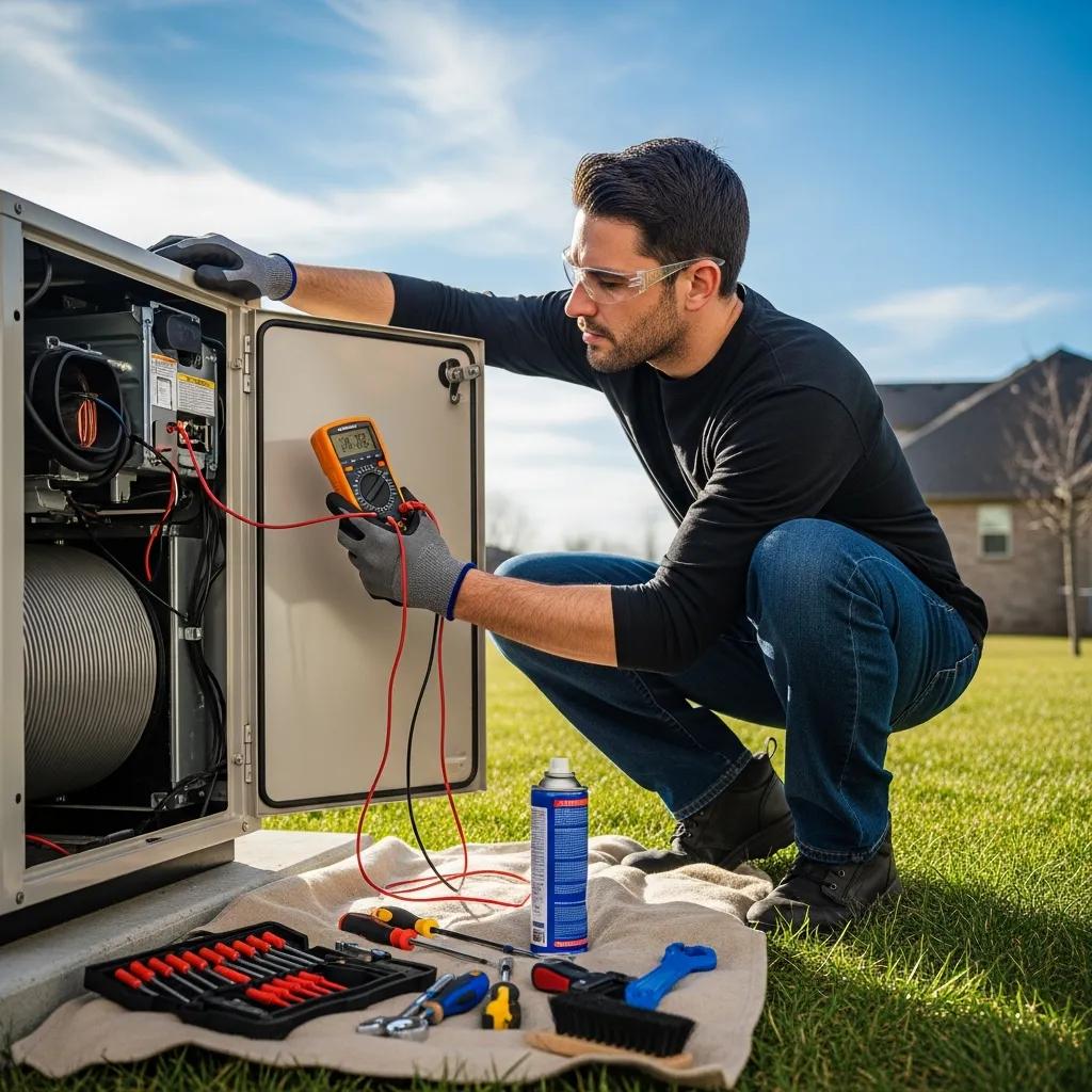 Technician inspecting a heat pump during a seasonal tune-up