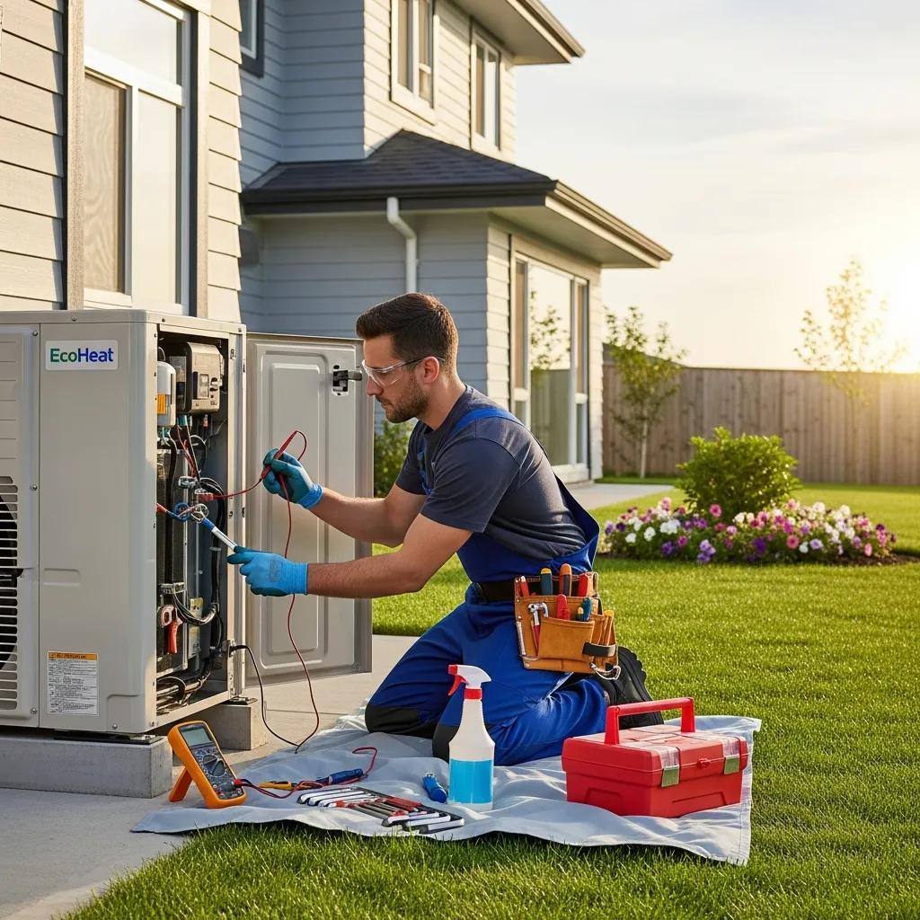 Technician performing heat pump maintenance in a residential setting
