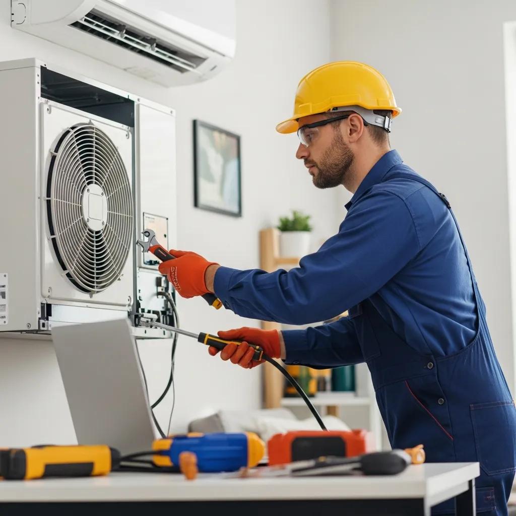 HVAC technician performing maintenance on an air conditioning unit, showcasing expertise and reliability