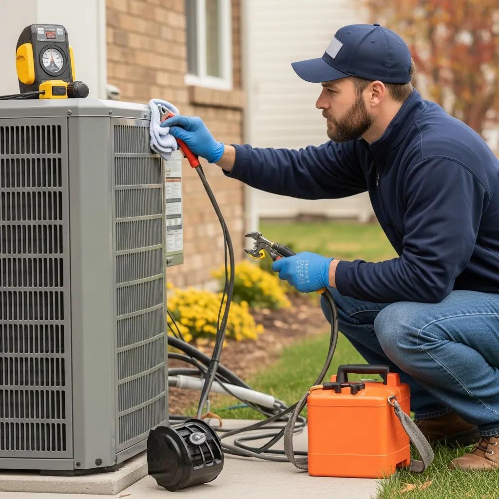 Technician performing a seasonal HVAC tune-up, highlighting the importance of regular maintenance for system performance