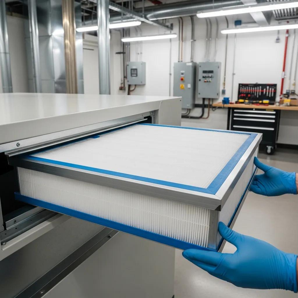 Close-up of HEPA filter installation in an HVAC system showcasing advanced air filtration technology