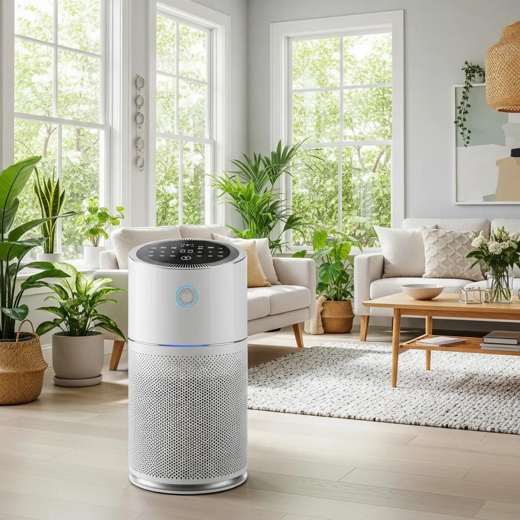Modern air purifier in a bright living room emphasizing healthy indoor air quality