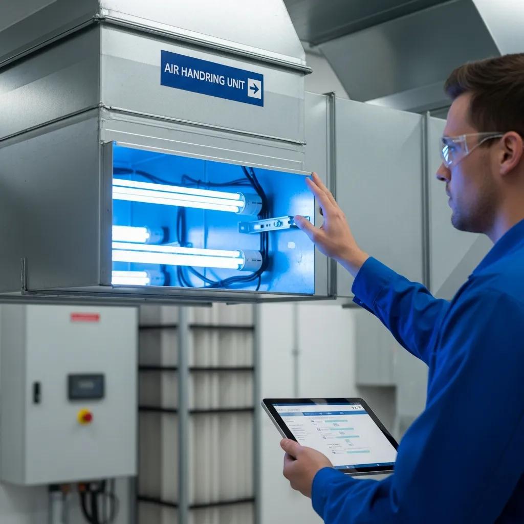 Technician inspecting UV germicidal lights in an HVAC system for improved indoor air quality