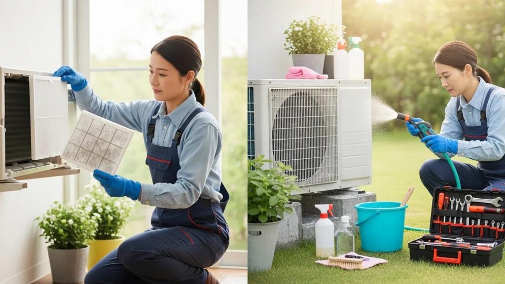 Homeowner performing maintenance on an air conditioning unit