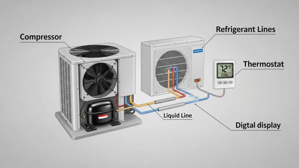 Key components of an air conditioning system including compressor and thermostat