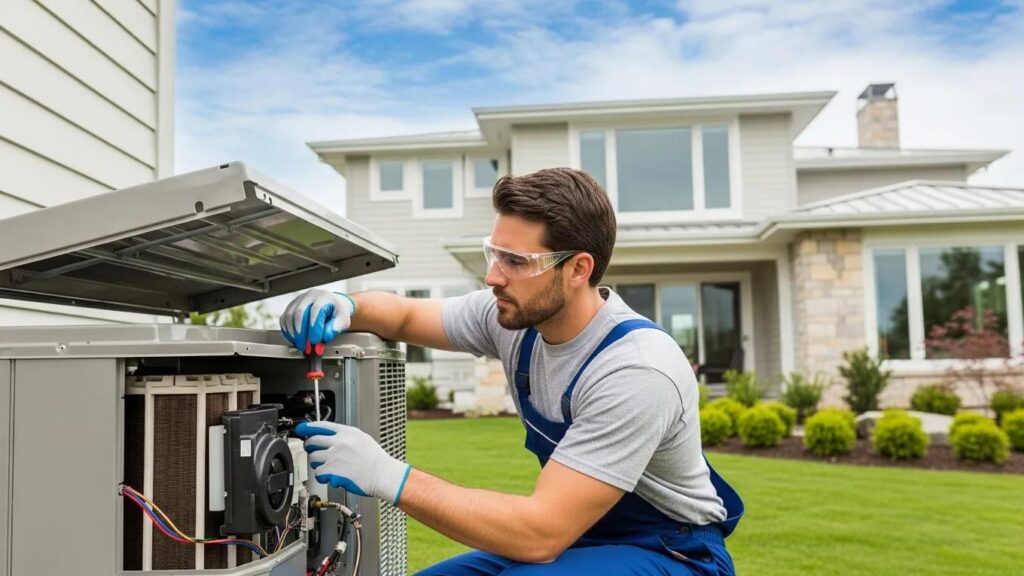 Technician repairing an air conditioning unit in a residential setting